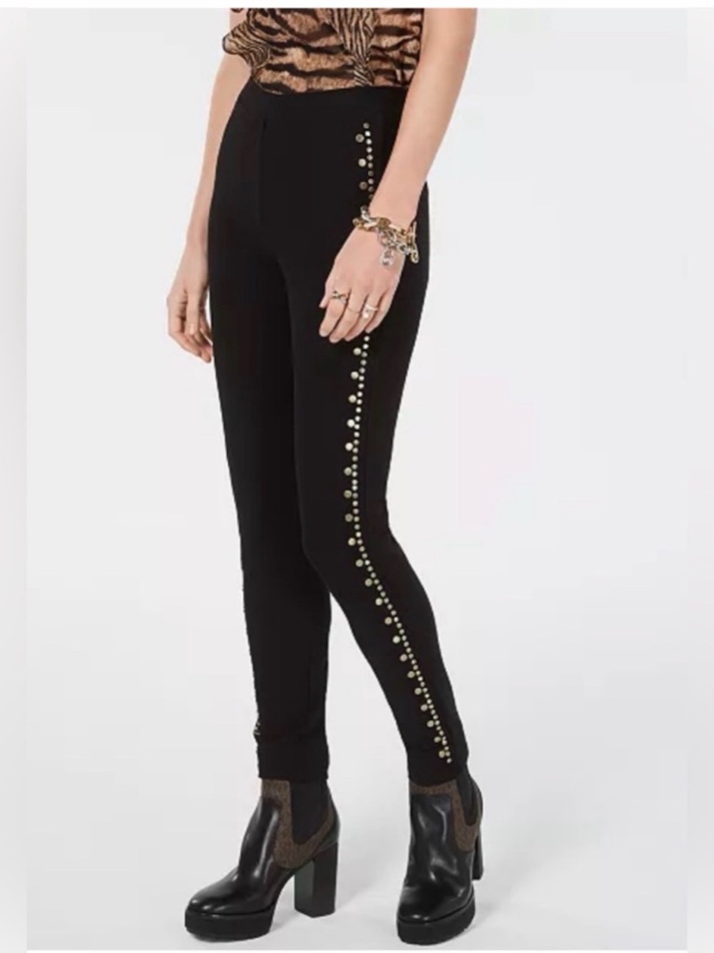 MICHAEL KORS Black Gold Studded Leggings XS Pull On Skinny Stretch Pants